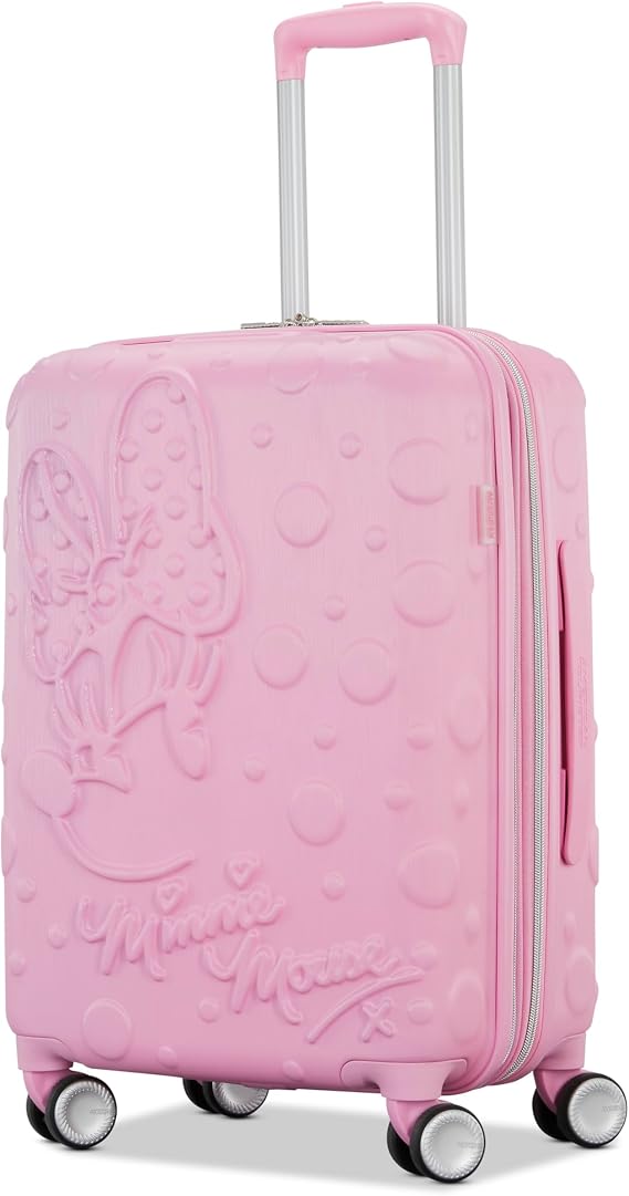 American Tourister Minnie Mouse Carry-On Luggage - Airline Approved, Durable Hardshell with RightHeight Adjustable Handle - Expands 1.5in - Roll Confidentially with Dual 360 Spinner Wheels