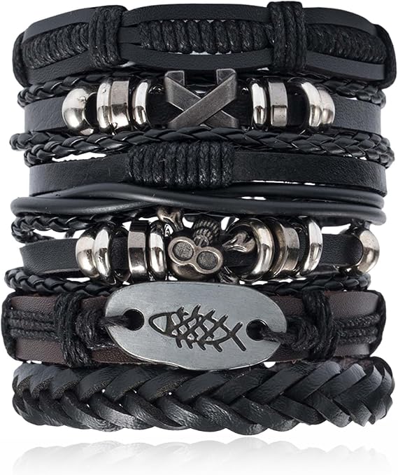 6 Pcs Mens Bracelets Leather, Mens Accessories Leather Bracelets for Women, Adjustable Fashion Punk Braided Men and Women Rope Bracelet, Multilayer Braided Vintage Bracelet Wrap Set Series