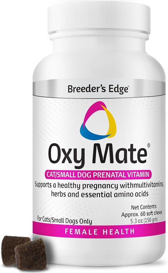 Breeders Edge Oxy Mate Dog & Cat Prenatal Vitamins, Comprehensive Supplement for Pregnant Dogs and Cats Enriched with Essential Nutrients for Healthy Moms & Litters, Soft Chews - 60ct Small Dog & Cat