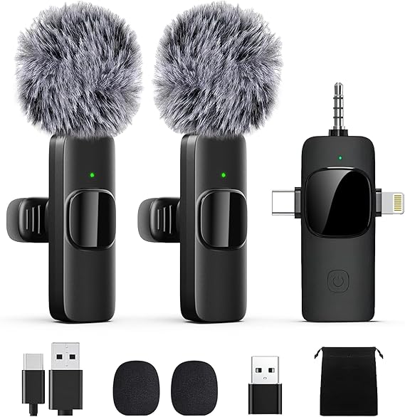 Professional Wireless Lavalier Lapel Microphone for iPhone, iPad, Mini Video Recording Mic for Interview Video Podcast Vlog YouTube & Livestream, Noise Reduction, Plug & Play (3-IN-1 All Devices)