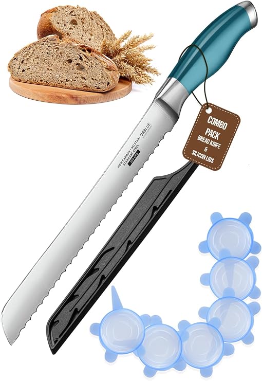 Orblue Premium Bread Knife 10-inch & Small Silicone Lids Set