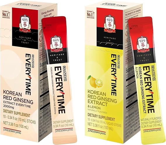 JUNG KWAN JANG Everytime Korean Red Ginseng Liquid Stick Bundle - 2,000mg Red Ginseng Extract with Propolis + 1,050mg Red Ginseng & Lemon - Caffeine-Free (20 Sticks Total)