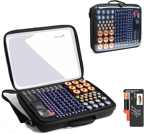 Luxtude Battery Organizer Storage Case with Tester, Clear Battery Storage Organizers Holds 149, Hard Batteries Holder Organizers, Portable Batteries Case Organizer (Black Large)