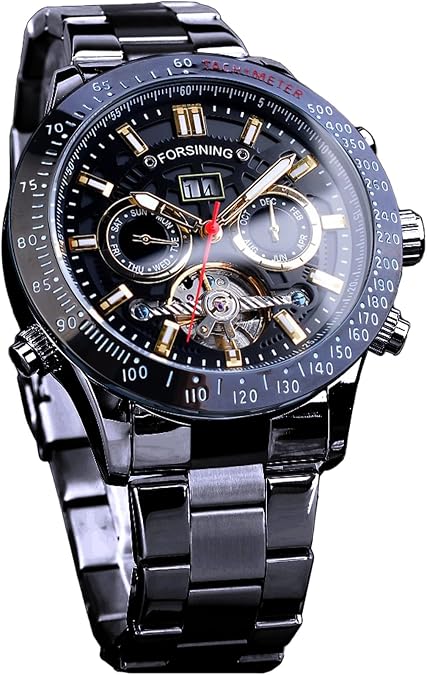 FORSINING Men Tourbillon Mechanical Self-Wind Watch, Day Date Month Full Calendar, Luminous Tachymeter Multifunctional Automatic Watches, Carved Big Dial Stainless Steel Band Wrist Watch