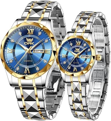 OPK His and Her Couple Watches Set Romantic Love Gift Day Date Stainless Steel Luminous Waterproof Black Silver Gold Tone a Pair 2 Wrist Watches Matching Set
