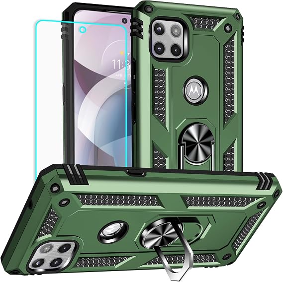 Yiakeng for Motorola One 5g Ace Case: Military Grade Protective Case with Screen Protector, Kickstand, Finger Ring Holder - Army Green