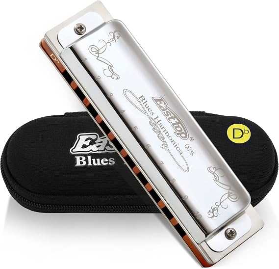 East top Diatonic Harmonica Key of Db 10 Holes 20 Tones 008K Blues Diatonic Mouth Organ Harmonica with Silver Cover, Standard Harmonicas For Adults, Professionals and Students