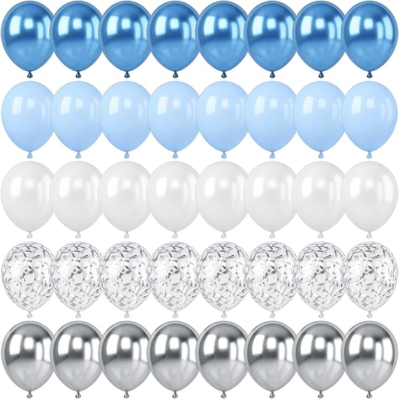 Blue Silver Balloon, 60 Pcs 12 Inches Metallic Blue White Balloon with Silver Balloons Glitter Confetti Balloons for Bridal Baby Shower Birthday Baptism Wedding Decorations