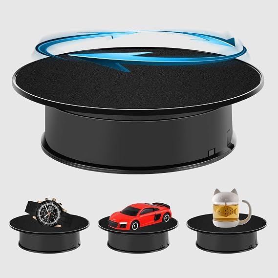 Upgrade 8" Ultra-Quiet Motorized Rotating Display Stand for Video Photography Products Display, 360 Degree Black Velvet Rotating Turntable for Jewelry 3D Models (Battery Operated, 10LB LOAD)