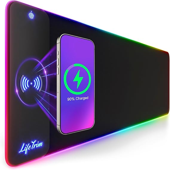 LifeTrim RGB Gaming Mouse Pad with Wireless Charging 15W, LED Mousepad 35.5x12 Inch XXL Large Desk Mat, 10 Light Modes, 4mm Thick Non-Slip Waterproof Keyboard Pad for PC MacBook Laptop, Gamer Gift