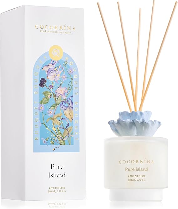 COCORRINA Gypsum Flower Reed Diffuser Pure Island Scent, 6.76 oz Oil with 8 Sticks, Long-Lasting Home Fragrance for Bathroom Decor