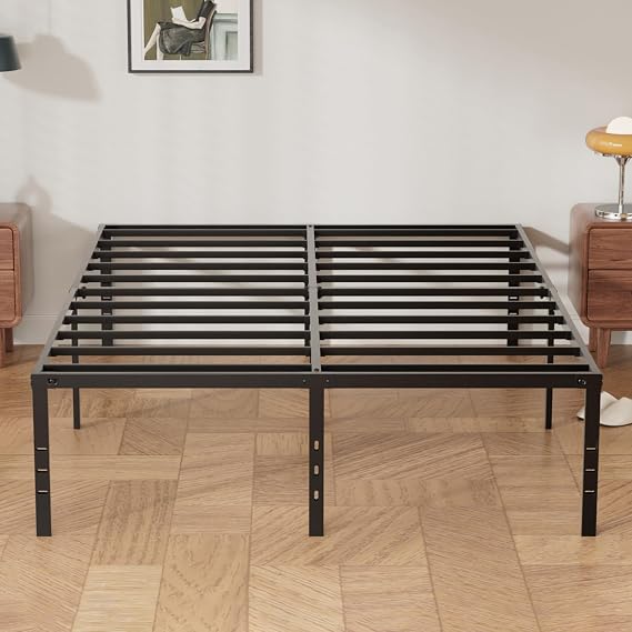 RRG Queen Size Metal Bed Frame, 18 Inch Heavy Duty, Underbed Storage | Sturdy Platform with Slats, No Box Spring Needed, Noise-Free, Non-Slip Design, Easy Assembly, Black Finish
