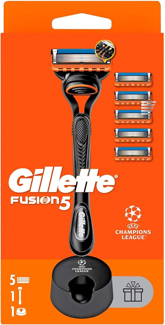 Gillette Fusion Shaver + 5 Replacement Razor Blades + Premium Stand Gift Package