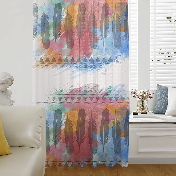 Medi-eval Feather Semi Sheer Curtains Drapes for Living Room,Bedroom,French Doors 72 Inches Long,Bohemia Abstract Geometric Shabby Chic Art Rod Pocket Chiffon Curtain Drapery Voile Draperies Panel