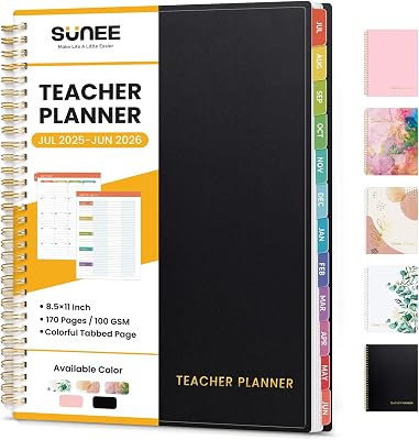 SUNEE Teacher Planner 2025-2026 Academic Year, Lite Lesson Planner Book with 7 Periods Jul 2025 - Jun 2026, 8.5x11 Daily Weekly and Monthly Organizers, Plan Book with Pocket Folder, Color Tabs,Black