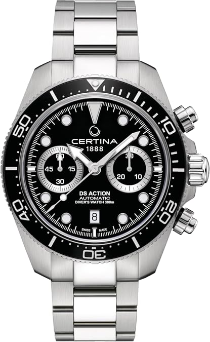 Certina, Mens, DS Action Chrono, 44.6, mm, Steel, Automatic Chrono, Date, Watch, Black, Steel, C0328271105100