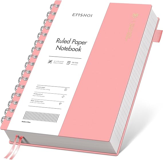 EMSHOI A5 Notebook Lined, Spiral Journal, 300 Pages, PVC Cover, Pink