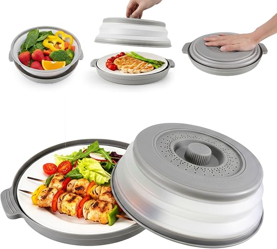Microwave Cover for Food with Anti-scald Tray, Collapsible Microwave Plate Cover BPA Free, Microwave Splatter Guard Dishwasher Safe 10.5 Inch Grey