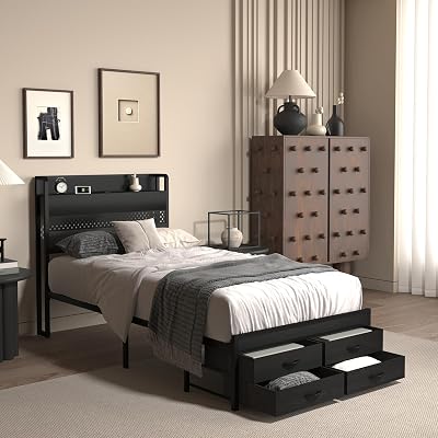 Twin Size Bed Frame with Headboard, Twin Platform Bed Frame with 4 DrawersCharging Station, Storage Headboard Metal Bed Frame Strong Metal Slats, No Box Spring Needed, Black