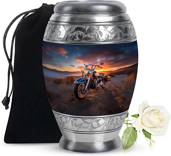 Motorcycle Beautiful Urns for Adult Man & Women Ash - Funeral Urn for Male Ashes - Cremation Urns for Human Remains - Burial Mom & Dad Ash - Large Size 10 Inch with Velvet Bag