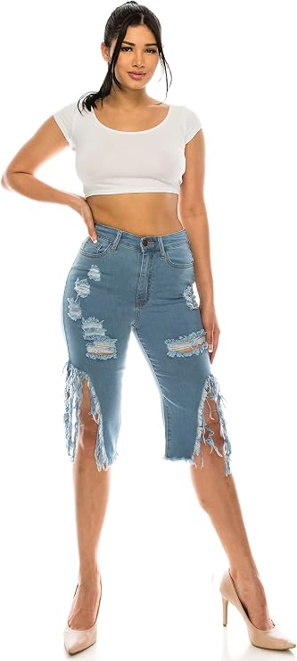 Aphrodite Ripped Bermuda Shorts Jeans - Women's High Waisted Destroyed Distressed Fashion Denim Crop Pants
