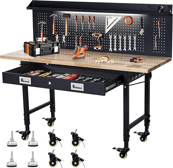 Workbench 60" x 22" Adjustable Height Worktable, Heavy Duty Rubber Wood Top, 2000 LBS Load Capacity, Tool Storage Workstation with Drawer, Pegboard, Power Outlets & Lockable Wheels, with Drawer Back