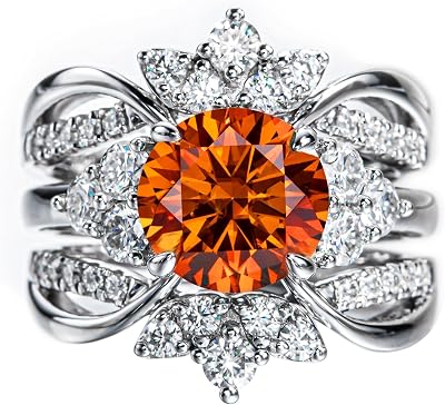 CannyCat Fancy Vivid Orange Red Moissanite Wedding Band Ring Set for Women 4.2 cttw Moissanite Engagement Rings Platinum-Plated Sterling Silver Wrap Guard Enhancers Anniversary Bridal Sets size-6
