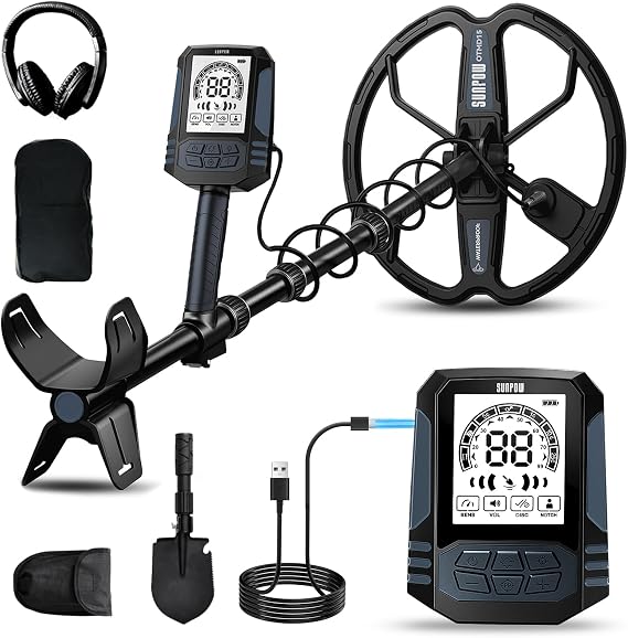 SUNPOW Rechargeable Metal Detector for Adults, 35H Battery Waterproof Gold Detector Kit, 10'' Deep Search Double-D Coil, High Accuracy Pinpointer for Beach, Saltwater & Yard OTMD15