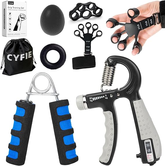 CYFIE Grip Strength Trainer Kit, Adjustable Hand Gripper Strengthener 8Pcs | 132Lbs Forearm Strengthener, Foam Exerciser, Finger Stretcher, Stress Ball & Grip Ring for Athletes Rock Climbing & Rehab