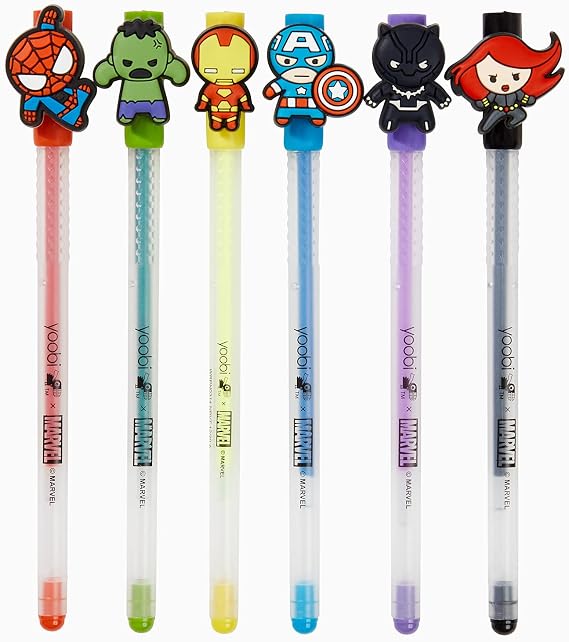 Yoobi x Marvel Gel Pens Avenger-Themed Fine Tip Gel Pens with Pen Charms of Spider-Man, Hulk, Captain America, Black Panther, Black Widow Awesome Gift 1.0mm Point, 6 Colors