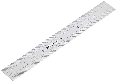 Mitutoyo 182-105, Steel Rule, 6 X 150mm, (1/32, 1/64, 1mm, 1/2mm), 3/64 Thick X 3/4 Wide, Satin Chrome Finish Tempered Stainless Steel | Tempered stainless steel, +/-0.006" (+/-0.15 mm) accuracy, clear graduations on satin-chrome finish, non-flexible