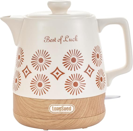 1L Ceramic Electric Kettle, 1000W Fast Boil Cordless Tea Pot with Terracotta Floral Pattern, BPA-Free Ceramic, Auto Shut-Off & Boil-Dry Protection Housewarming Gift