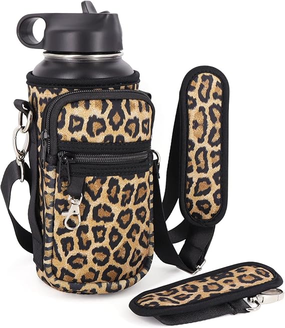 Water Bottle Holder Sling Bag Sleeve Carrier 32oz 40oz 64oz, Insulated Crossbody Water Bottle Case Cover with Padded Strap and 2 Pockets for Walking Hiking Camping