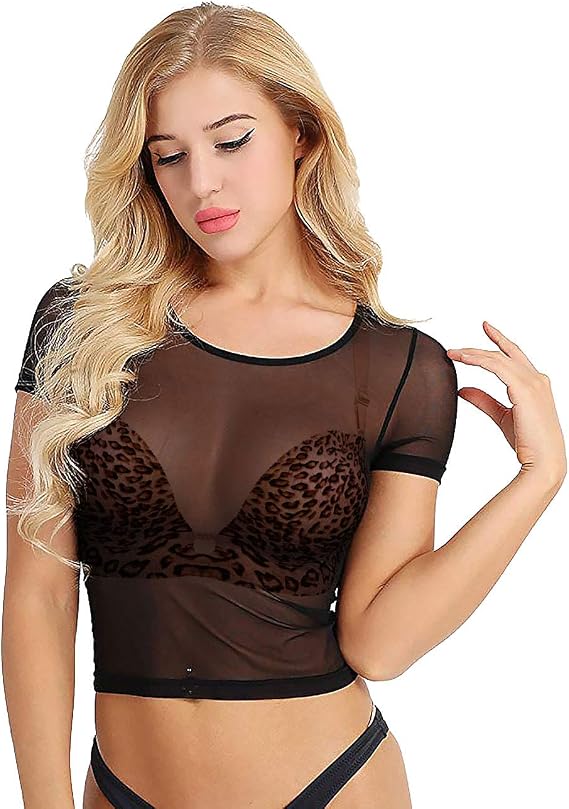 Ypser Women's Fishnet Mesh Crop Tops Long Sleeve Sheer Net T-Shirt Tee