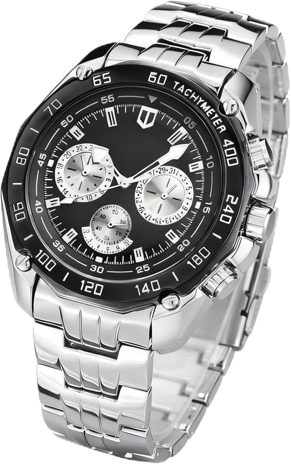 Men's Chronograph Watch, Black Dial, Silver Stainless Steel Band, Tachymeter Bezel, Butterfly Clasp, 45mm Case, Water Resistant, Analog Display, Luxury Business Sport Wristwatch