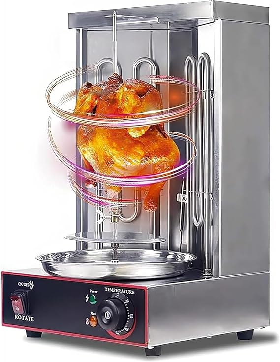 Electric Shawarma Machine Vertical Rotisserie Grill with Oil Collecting Pan, Stainless Steel, Adjustable Temperature up to 300℃, 360° Rotating for Kebab Cooking