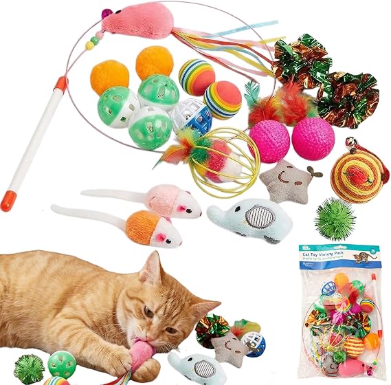 Speedy Panther 20 Piece Cat Toy Variety Pack, Indoor Kitten Toys with Teaser Wand, Plush Mouse, Catnip Ball, Feathers for Interactive Play