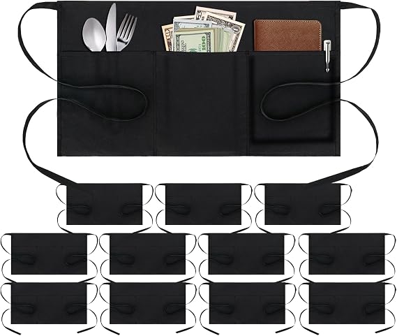 BOHARERS 3 Pockets Waitress Apron 12 Pack Cotton Server Apron Black Half Aprons for Men & Women Waterproof and Oil Proof