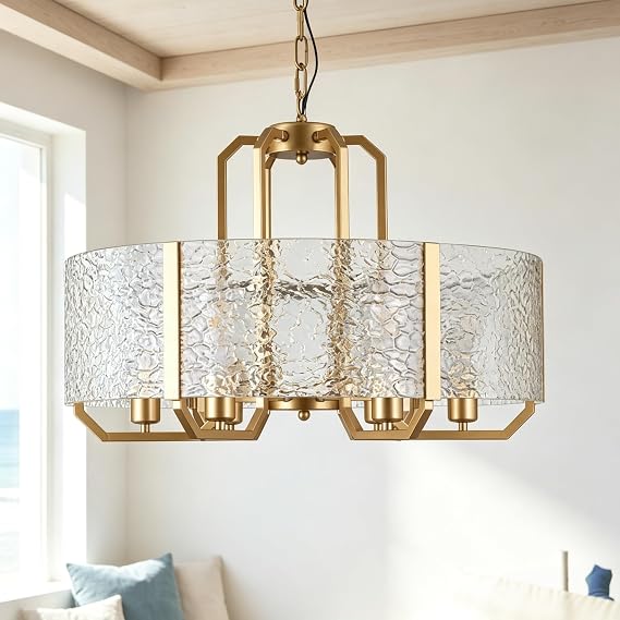 COCOSTAR Glass Drum Dining Room Chandeliers Over Table Gold Pendant Lights