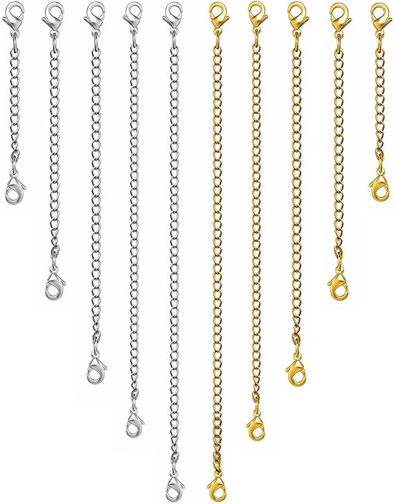 OHINGLT Necklace Extender 10Pcs Chain Extenders for Necklaces Bracelet, 14K Gold and Silver Plated Stainless Steel Extension Chain for Women Jewelry Making