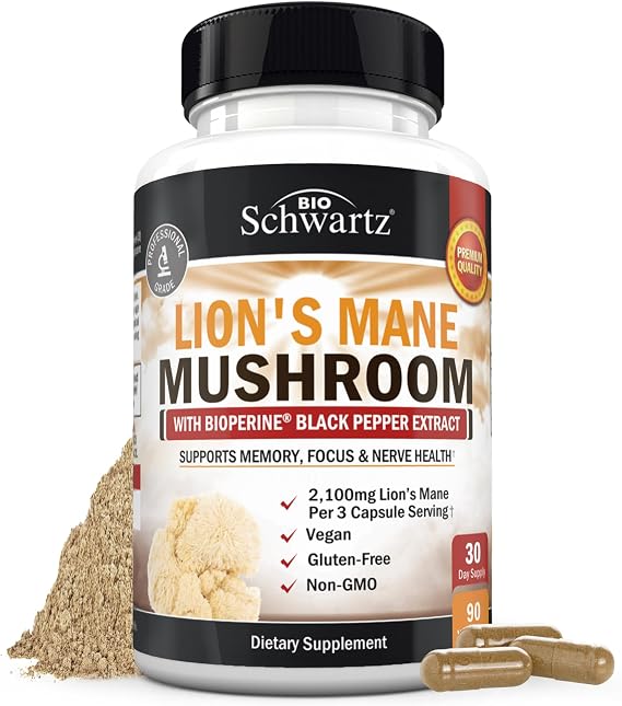 Organic Lions Mane Supplement Capsules- 2100mg Lions Mane Mushrooms - 90ct | BioPerine Black Pepper for Absorption, Active Compound Verified, Nootropic Brain Supplements for Memory & Focus, BioSchwartz