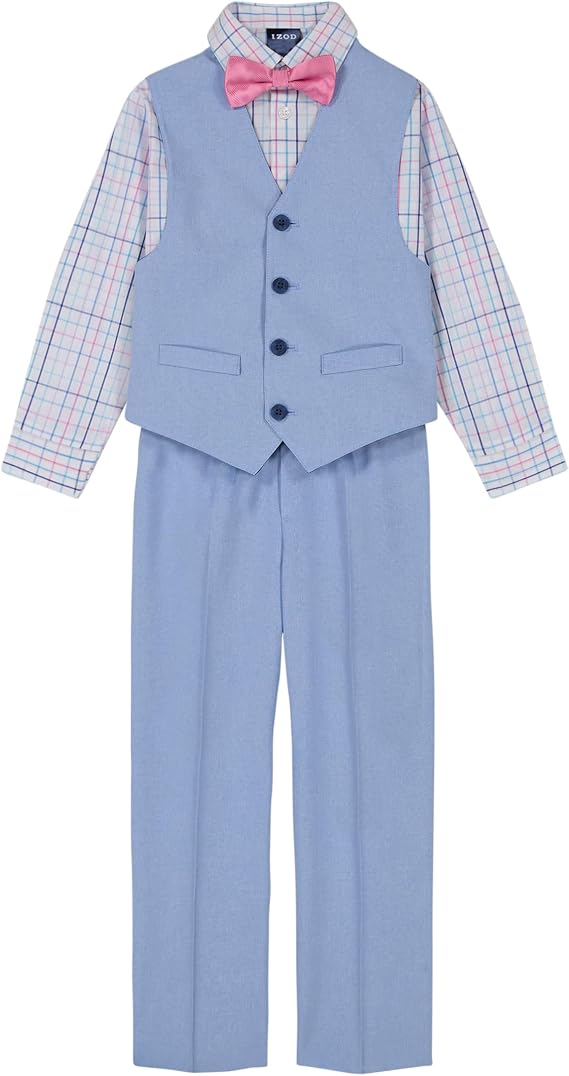 Izod Boys 4-Piece Formal Dress Up Suit Set, Vest, Pants, Collared Shirt, and Tie