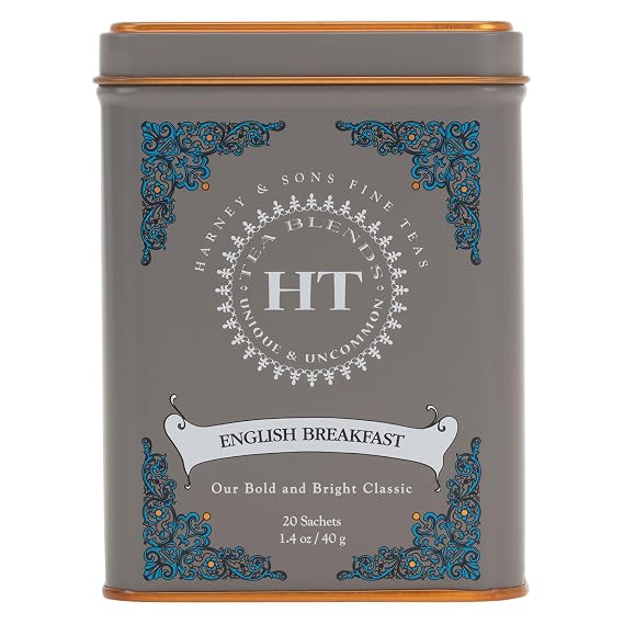 Harney & Sons HT English Breakfast Black Tea, 20 Sachets in Tin | Full-leaf black tea, Ceylon & Kenya blend, rich full-bodied flavor, caffeinated