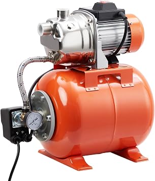1 HP Shallow Well Jet Pump with 5-Gallon Pressure Tank Stainless Steel, 130ft Lift, 20ft Suction, Automatic Pressure Switch 19/38 PSI for Home, Farm, Garden Irrigation & Water Transfer