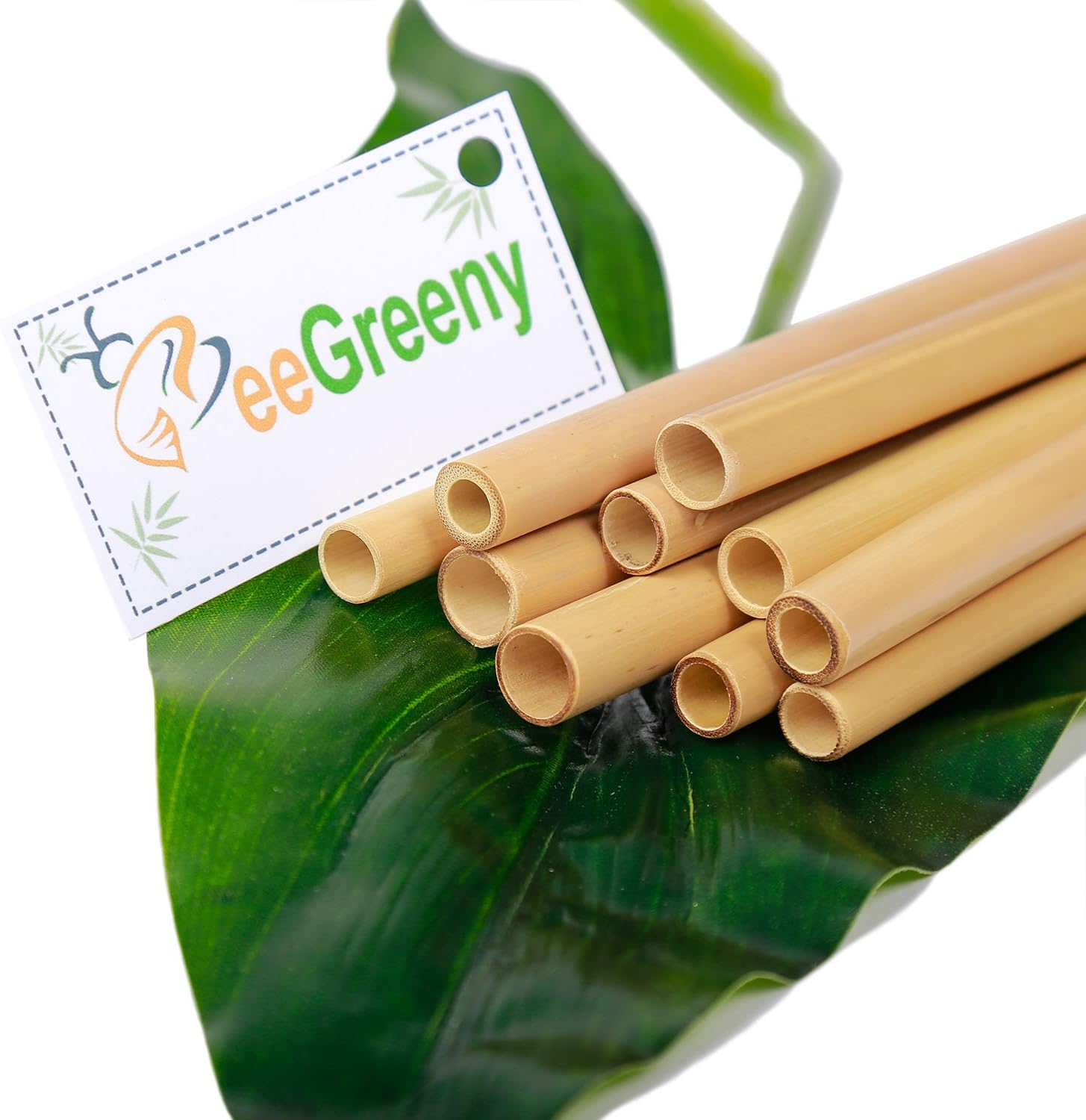 Set of 10 Bamboo Straws by BeeGreeny – 8 Inches Natural Reusable Drinking Straw - With Cleaning Brush & Storage Pouch – Eco-friendly Replacement for Plastic Ones
