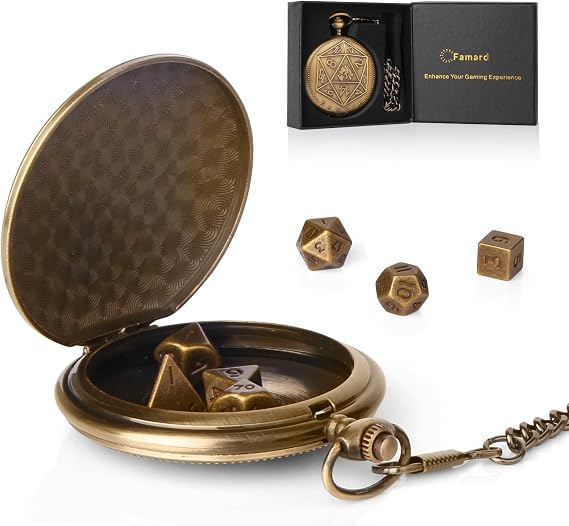 10mm Tiny DND Dice Set with Vintage Pocket Watch Shell Case, Polyhedral Metal D&D Dice Set for Dungeons and Dragons, RPG MTG Game,Role Playing Board Games