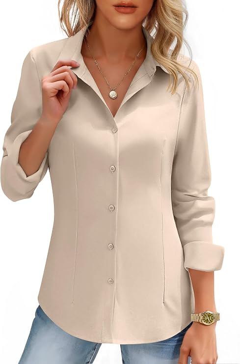 HOTOUCH Womens Button Down Shirts Long Sleeve Dress Shirt Fitted Work Tops