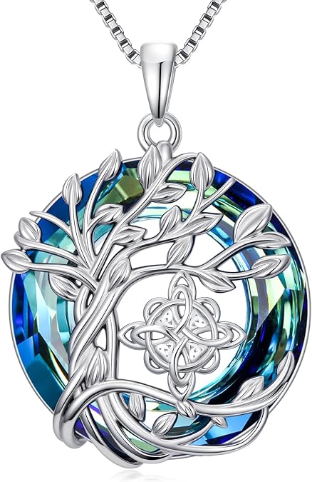 TOUPOP Tree of Life Necklace 925 Sterling Silver Celtic Knot Tree Pendant Blue Crystal Jewelry for Women Birthday Gift for Her Mom Wife