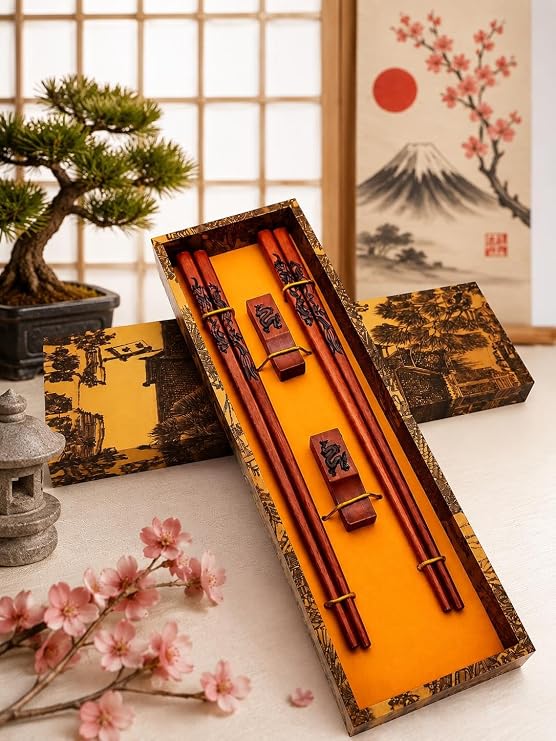 Valkyrie Doğal Ahşap Yemek Çubuğu Seti 2 Çift – Ejderha Desenli Çubuk Tutacaklı Kutulu 22,9 cm Chopstick Seti