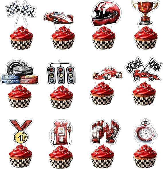 Pack of 24 Cupcake Toppers Classic Car Cake Toppers Racing Car Theme Decoration Accessory Set Racing Party Theme Birthday Cake Decoration for Birthday Anniversary Wedding Party Dessert